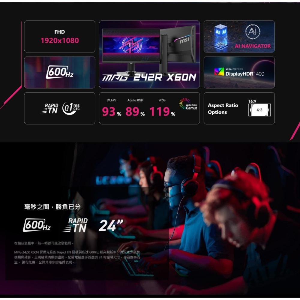 MSI 微星 MPG 242R X60N 24吋 FHD 電腦螢幕 600Hz／TN／0.1ms／HDR400 光華商場-細節圖4