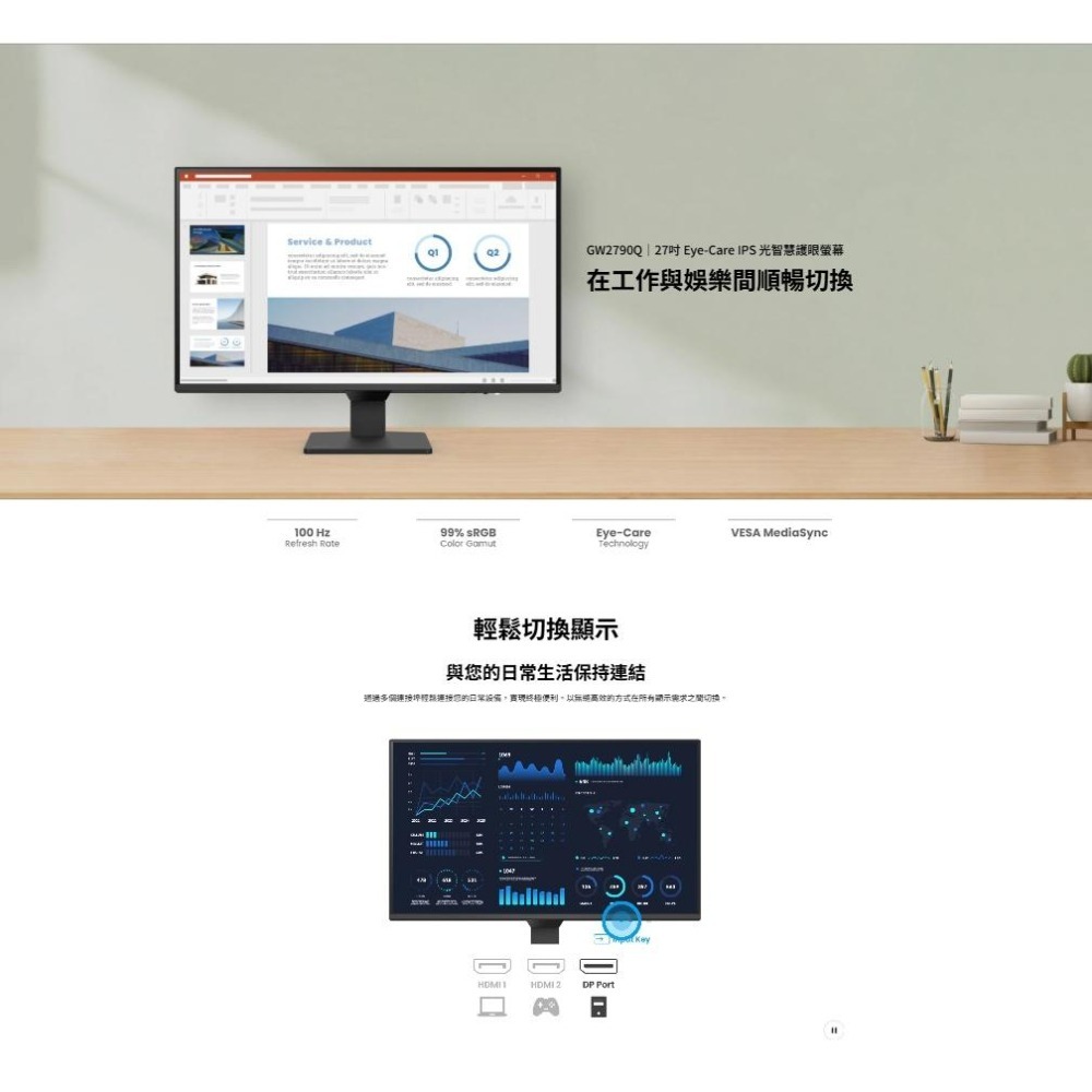 BenQ 明碁 GW2790Q 27吋 2K 護眼螢幕 100Hz／IPS／內建喇叭／99%sRGB 光華-細節圖3