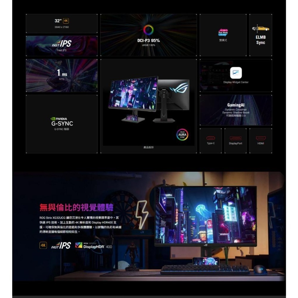 ASUS 華碩 ROG Strix XG32UCG 32吋 4K 電競螢幕 160Hz／IPS／0.3ms／雙模式 光華-細節圖4