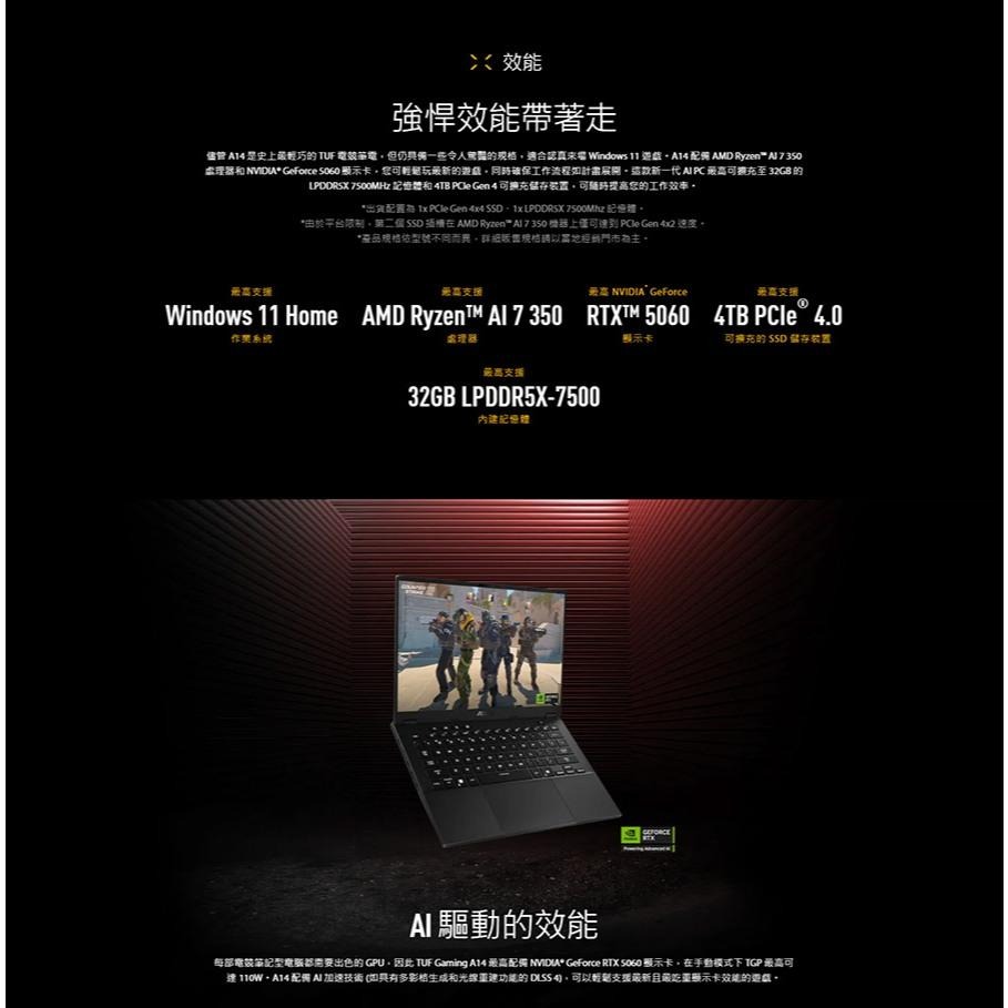 【升級】ASUS 華碩 TUF Gaming A14 (2025) FA401KM 14吋 電競筆電 AI7／5060-細節圖4