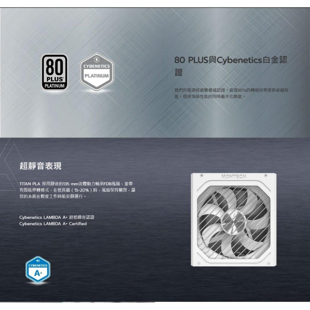 Montech 君主 TITAN PLA－750W／850W／1000W／1200W 白金 ATX 3.1 電源供應器-細節圖6