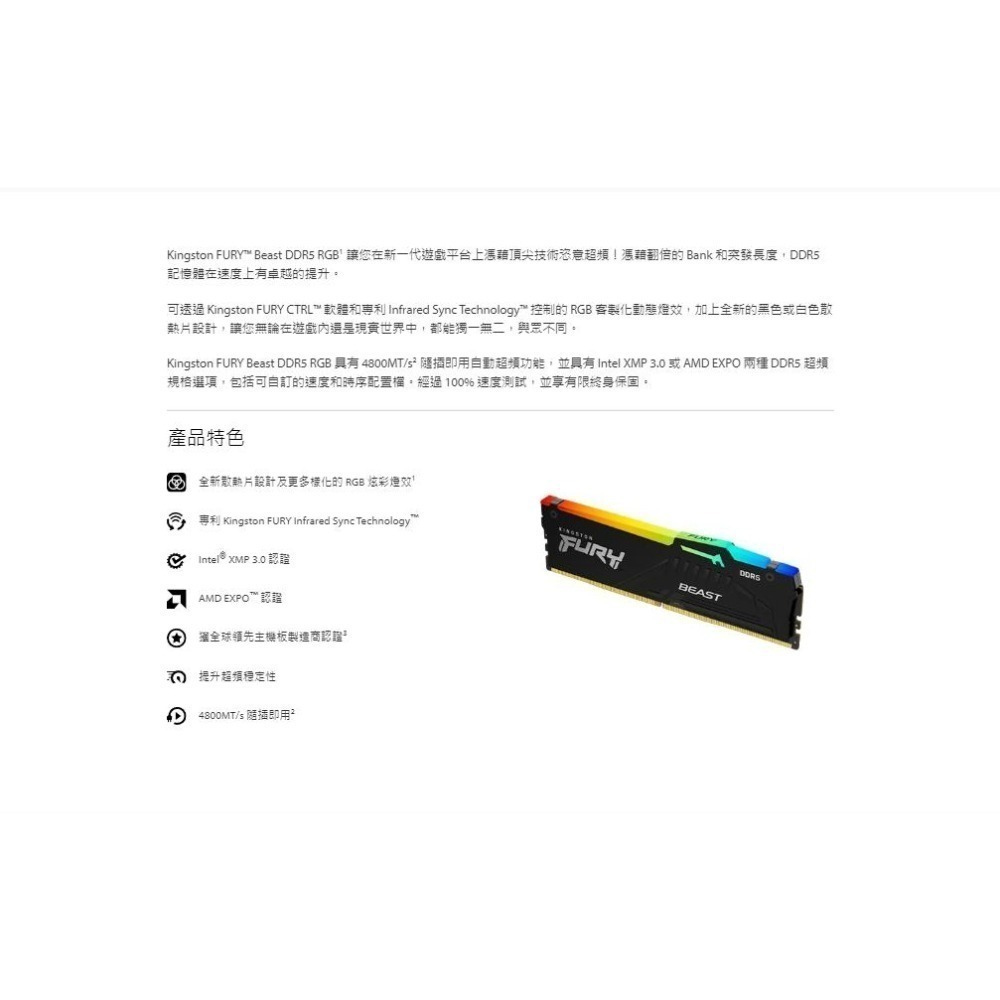 Kingston 金士頓 FURY Beast 狩獵者 DDR5 RGB 6000 32G/64G 雙通道記憶體 光華-細節圖4