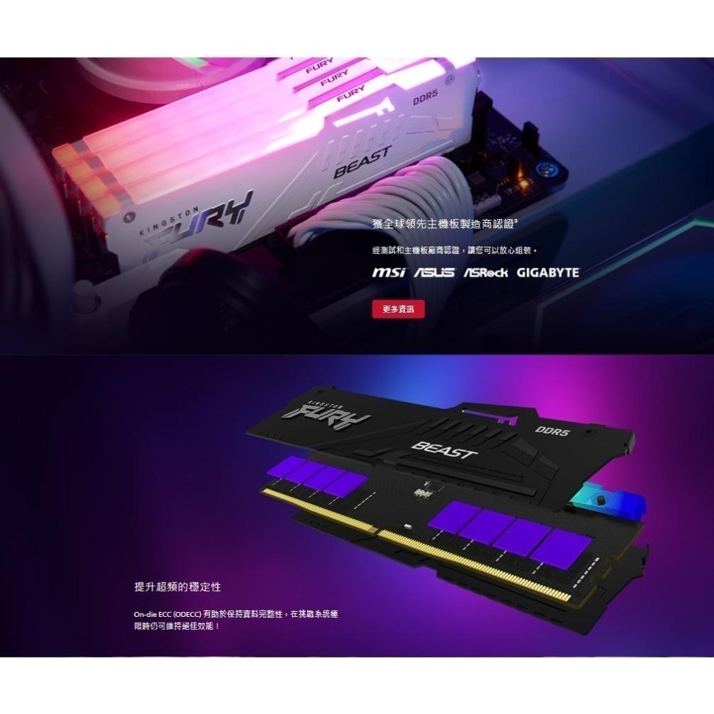 Kingston 金士頓 FURY Beast 狩獵者 DDR5 RGB 6000 32G/64G 雙通道記憶體 光華-細節圖7