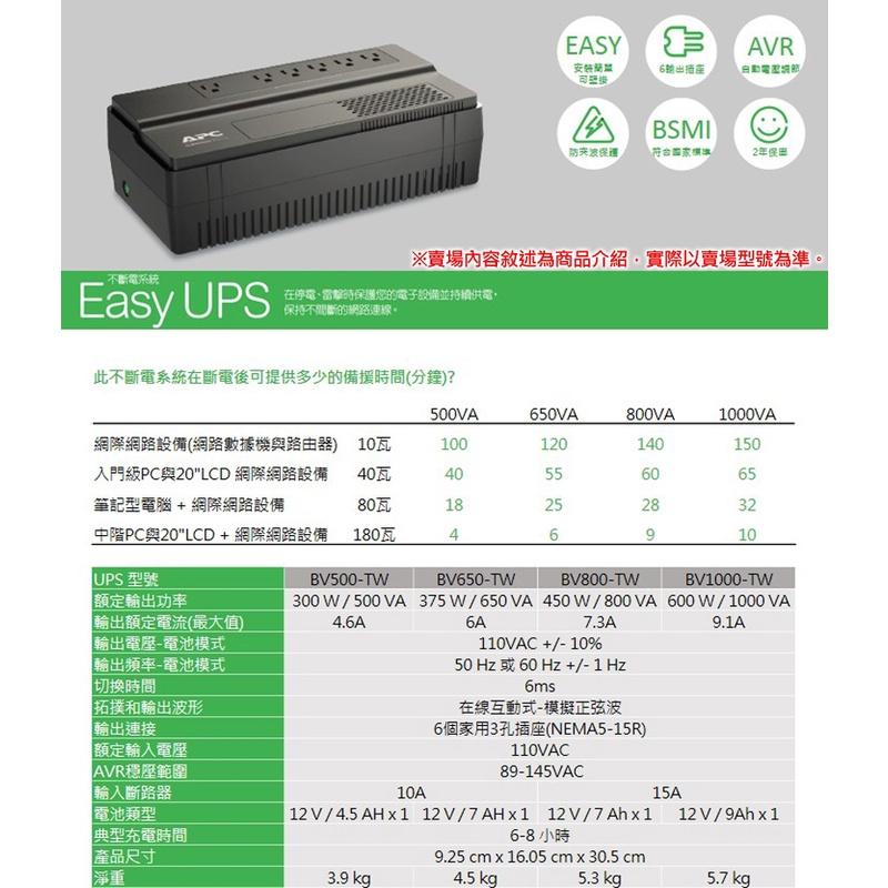 【免運直送】APC Easy-UPS 800VA 在線互動式不斷電系統 BV800-TW 450W UPS 公司貨-細節圖3