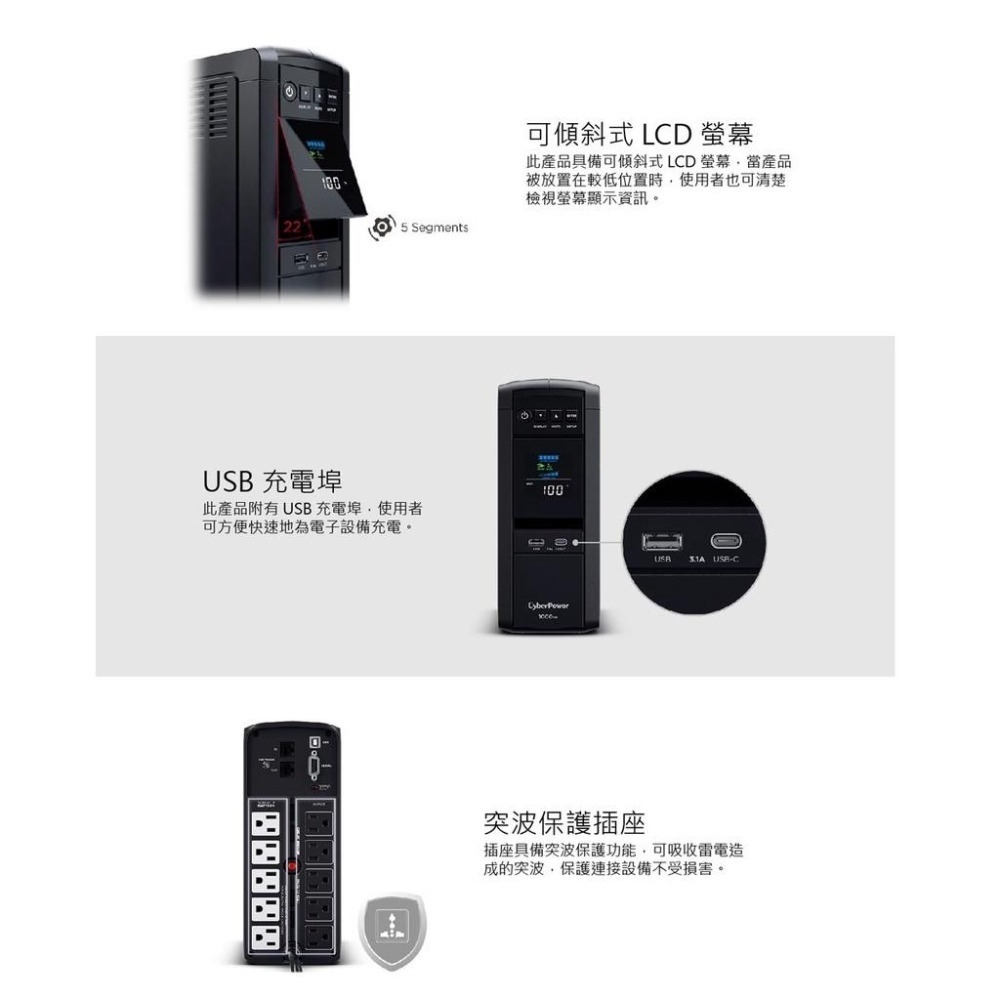 【免運直送】CyberPower 1000VA 在線互動式 正弦波不斷電系統 CP1000PFCLCDa 正弦波輸出-細節圖3