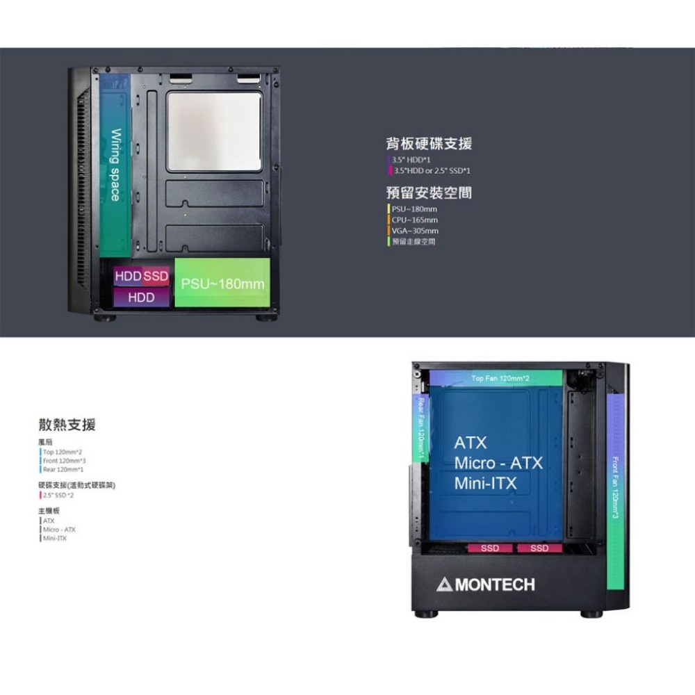 Montech 君主 X1－ATX 電腦機殼 U高165／卡長305／鋼化玻璃／4x預裝風扇 黑色/白色 機殼 公司貨-細節圖4