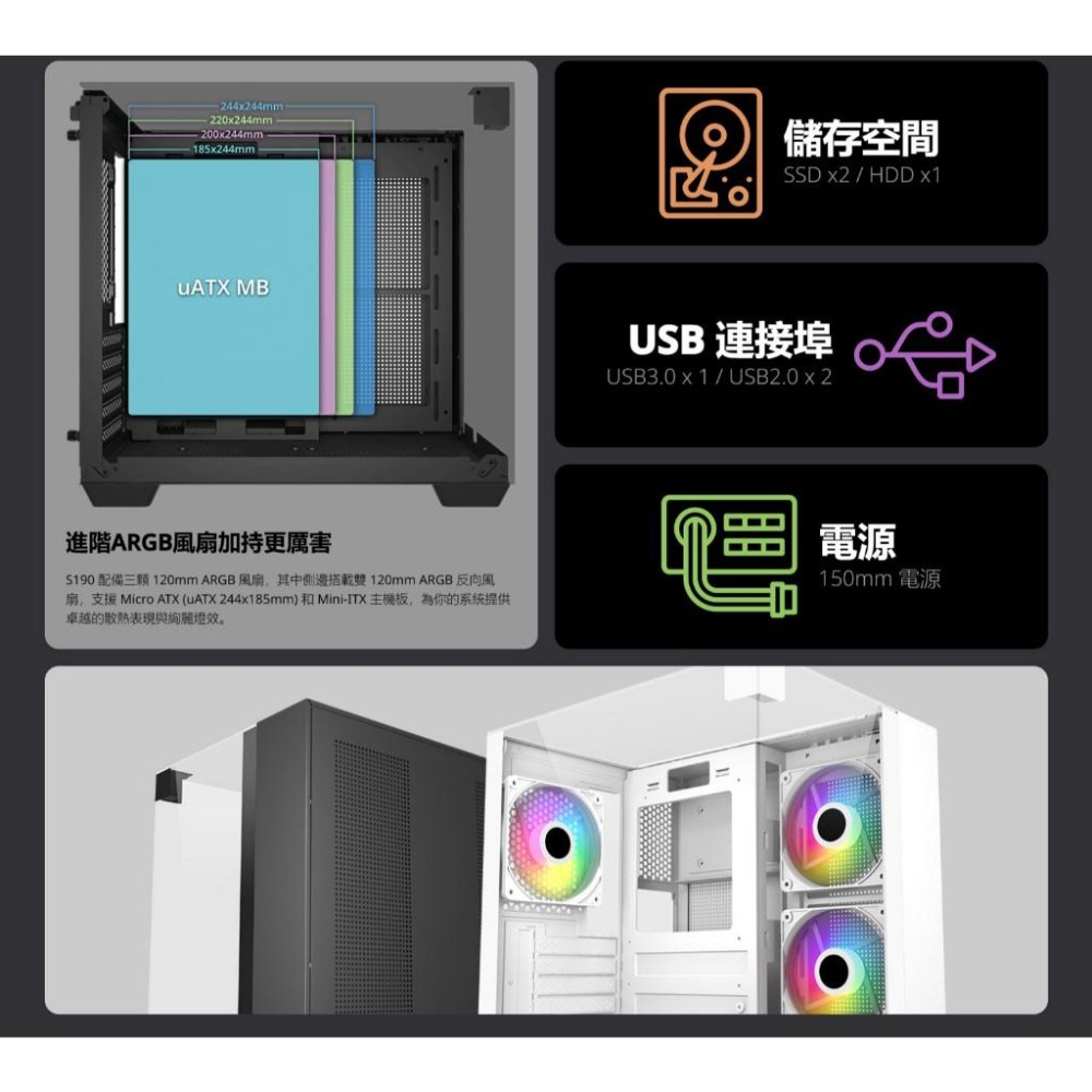 FSP 全漢 S190 M-ATX 電腦機殼 U高155／卡長325／3x預裝風扇 光華商場 公司貨-細節圖4