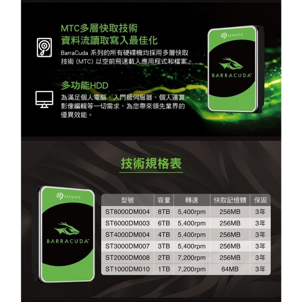 Seagate 希捷 BarraCuda 新梭魚 3.5吋 HDD硬碟 1TB/2TB/4TB/6TB/8TB 內接硬碟-細節圖5