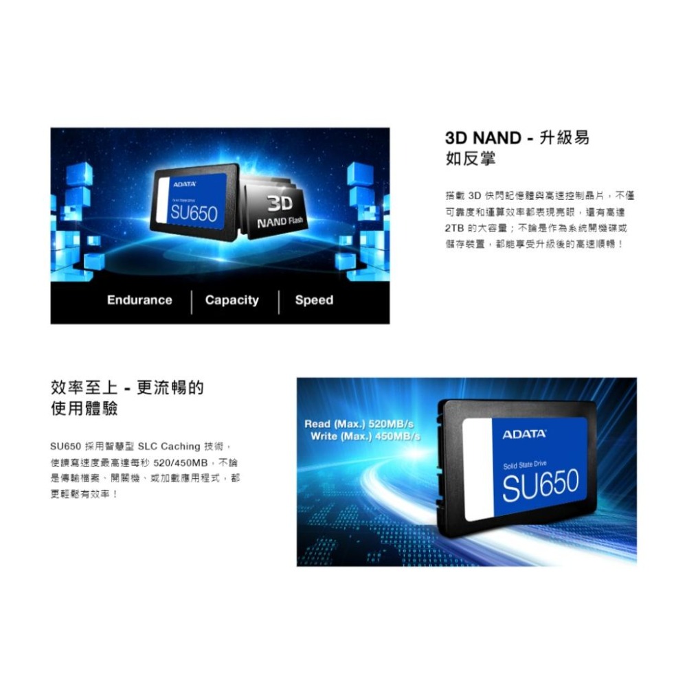 【熱銷款】ADATA 威剛 SU650 120G 240G 480G 2.5吋 SSD 固態硬碟 3D TLC 公司貨-細節圖4