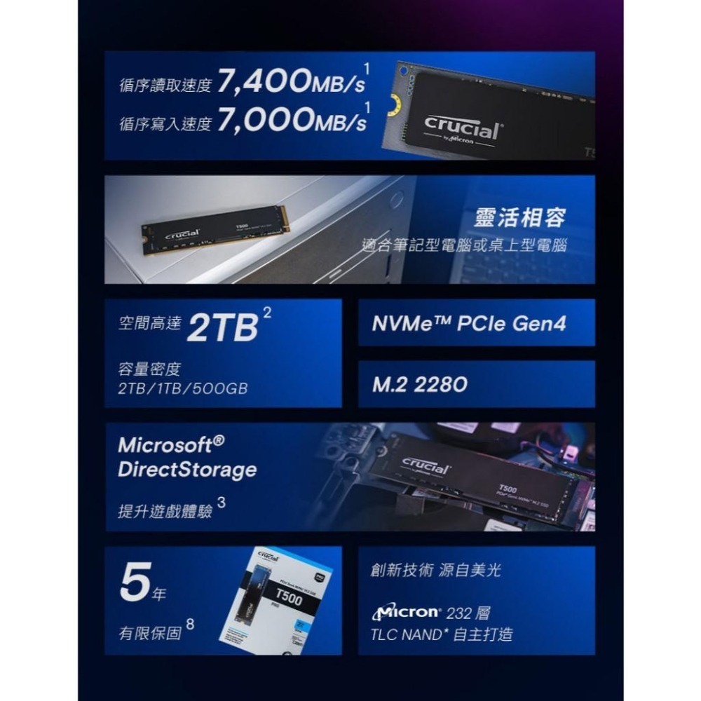 Micron 美光 Crucial T500 500GB PCIe 4.0 NVMe M.2 SSD 固態硬碟 光華-細節圖4