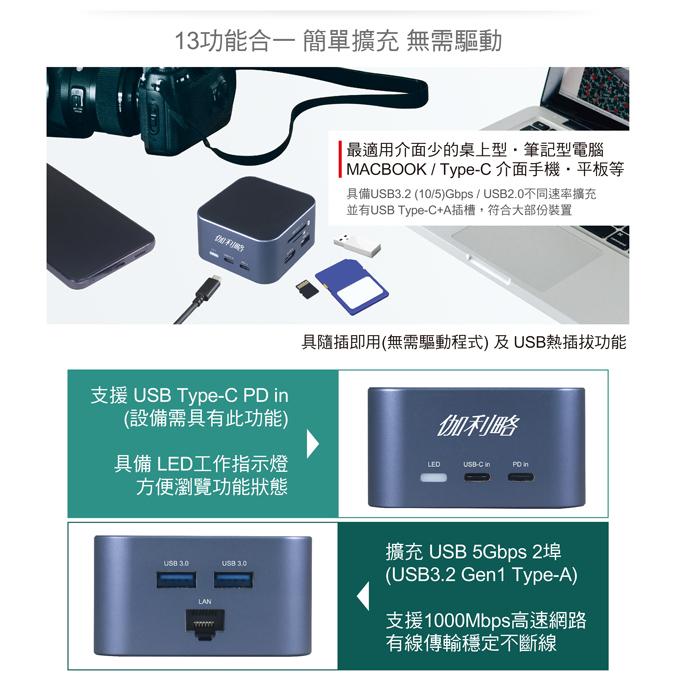 DigiFusion 伽利略 U13HLR－USB-C 13 in 1 多功能擴充盒 TYPE-C 擴充座 HUB 光華-細節圖4