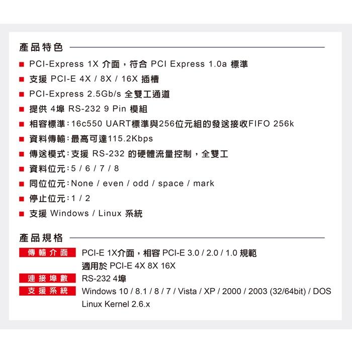伽利略 PCI-E RS232 4 Port 擴充卡 PETR04A  TXB071 PCI-E TO RS232 4P-細節圖5