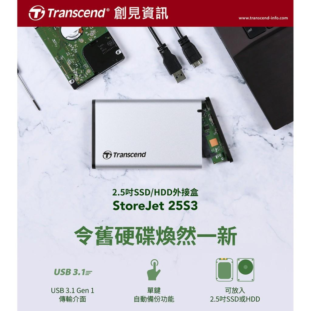 Transcend 創見 25S3 2.5吋 USB3.1 硬碟外接盒 PS4 TS0GSJ25S3 SATA盒 公司貨-細節圖3
