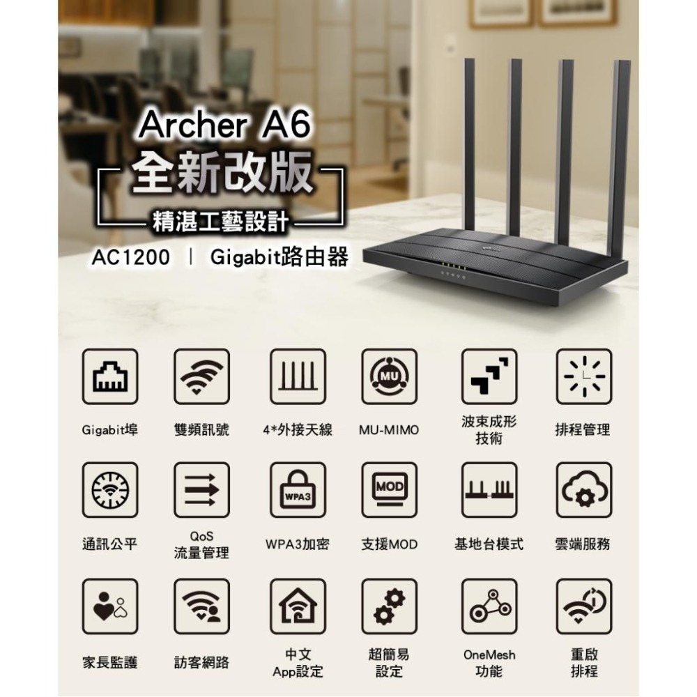 【限量100】TP-Link Archer A6 AC1200 無線 MU-MIMO Gigabit 路由器 分享器-細節圖3