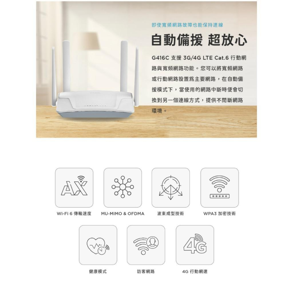 D-Link 友訊 G416C－4G LTE Cat.6 AX1500 無線路由器 路由器 分享器 SIM卡 光華-細節圖6