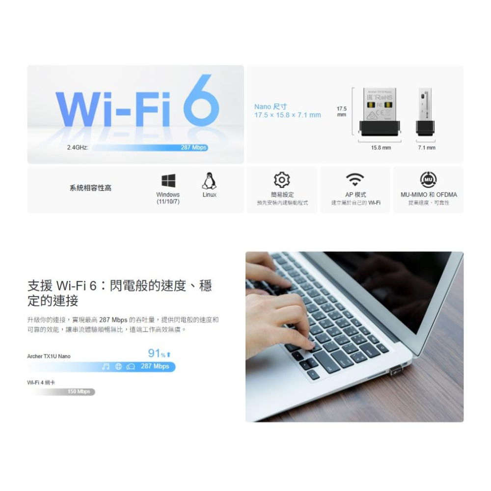 tp-link Archer TX1U Nano－AX300 Wi-Fi 6 無線 USB 網卡 無線網卡 光華-細節圖4