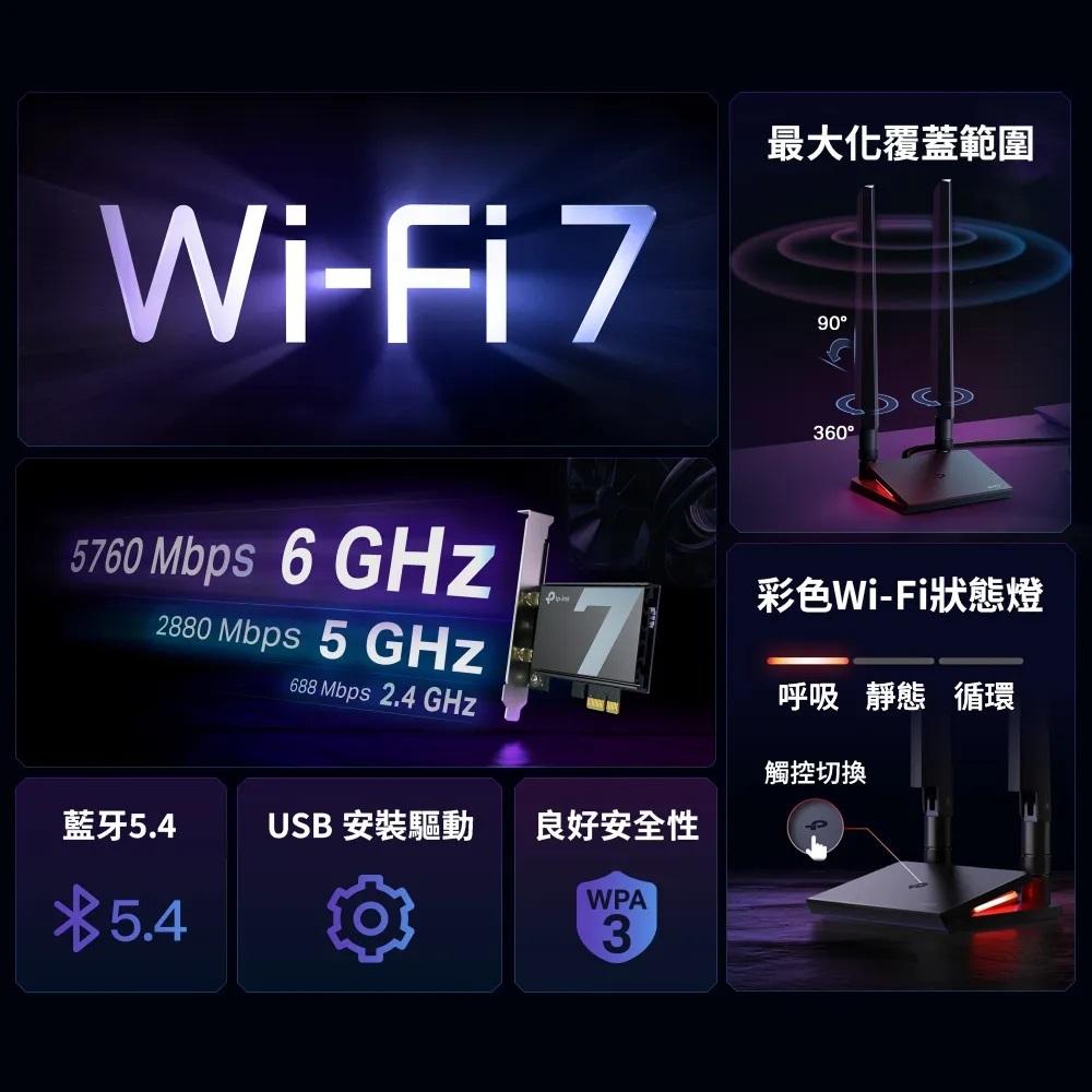 TP-Link Archer TBE550E BE9300 Wi-Fi 7 三頻 藍牙 5.4 PCIe 無線網路卡-細節圖4