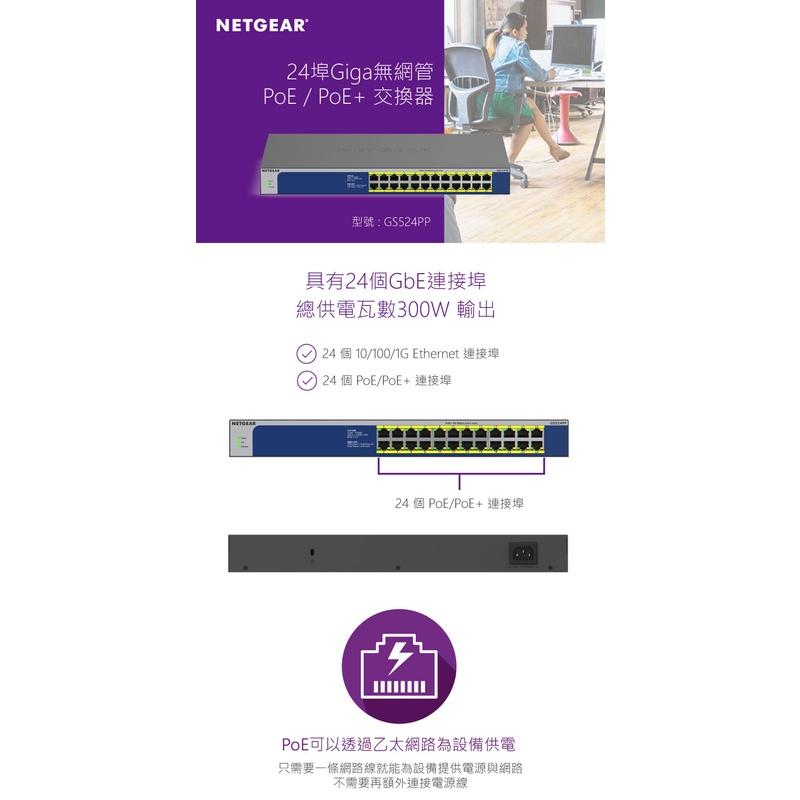 【下單問問】NETGEAR GS524PP 24埠 Giga 無網管 PoE交換器 公司貨 原廠保固-細節圖2