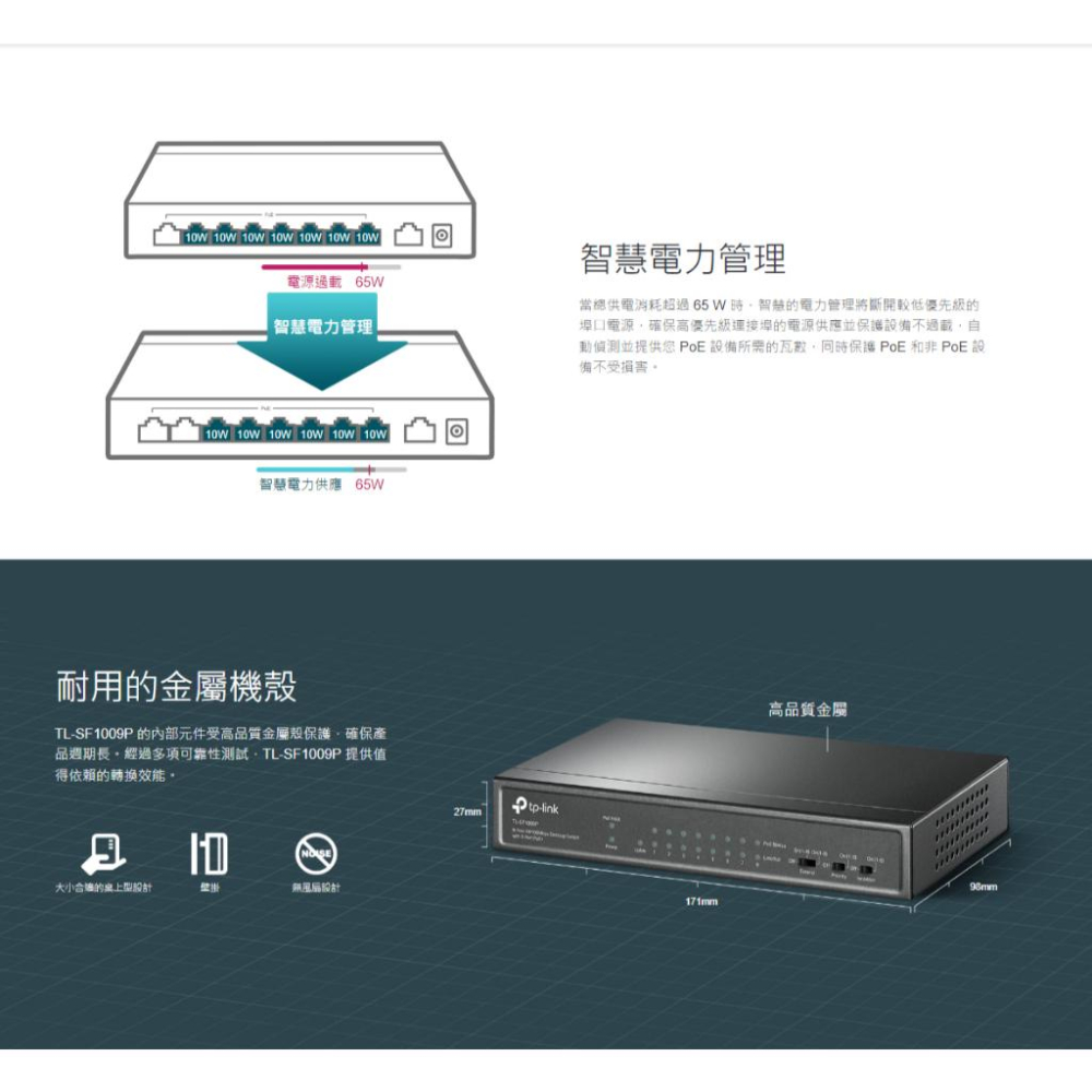 TP-LINK TL-SF1009P 9埠 10/100Mbps 桌上型交換器 集線器 8埠 PoE+ 光華商場-細節圖6