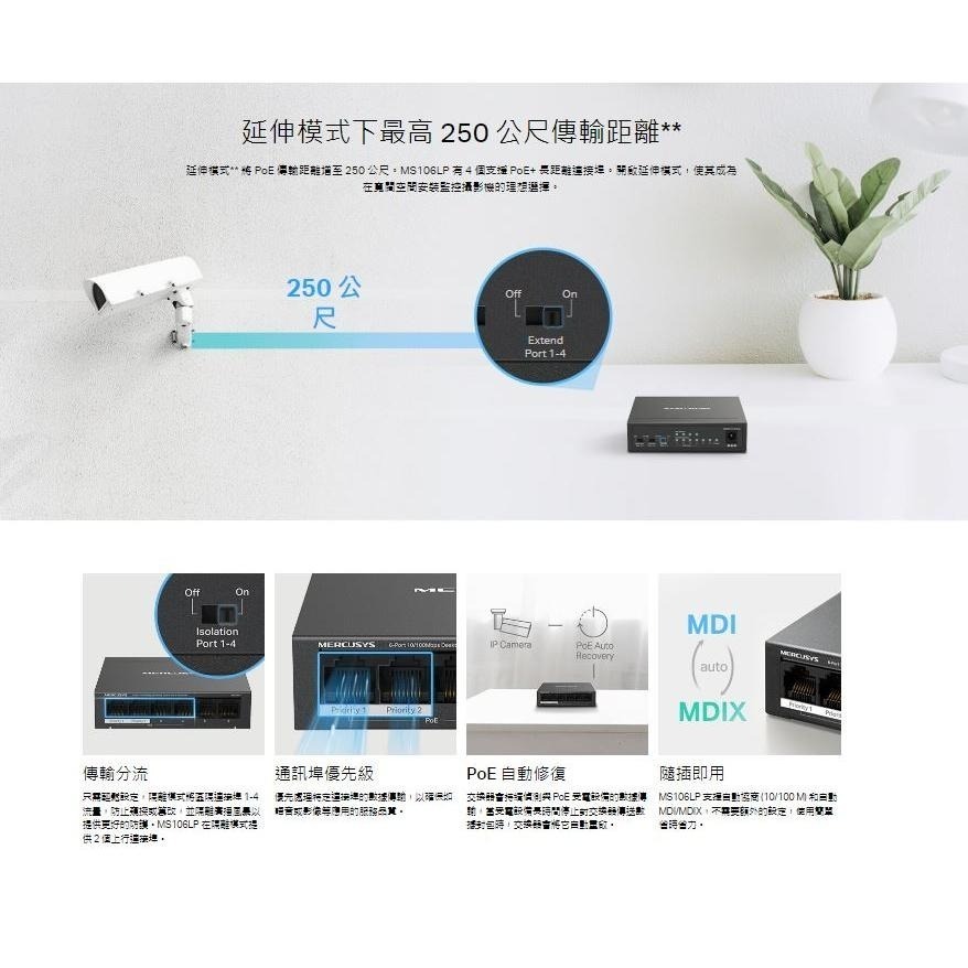 Mercusys 水星 MS106LP 6埠 10/100Mbps 桌上型交換器 網路交換器 金屬外殼 PoE 光華商場-細節圖3