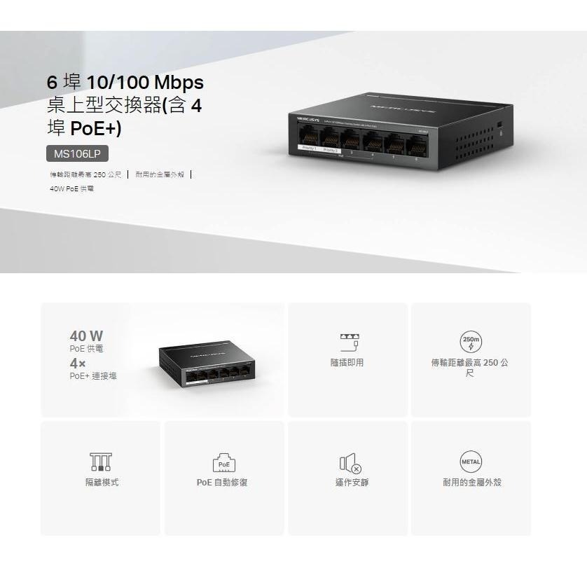 Mercusys 水星 MS106LP 6埠 10/100Mbps 桌上型交換器 網路交換器 金屬外殼 PoE 光華商場-細節圖4