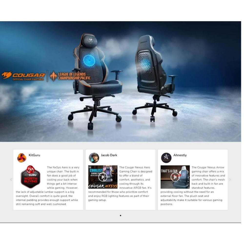 COUGAR 美洲獅 NXSYS AERO 風扇電競椅 記憶頭枕／ 記憶腰枕／3D扶手／散熱風扇 光華-細節圖3
