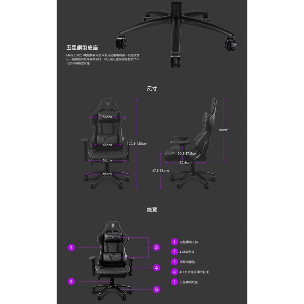 【免運直送】MSI 微星 MAG CH120 I 龍魂電競椅 鋼架支撐 靜音腳輪 辦公椅 電腦椅 CH120I 光華-細節圖5