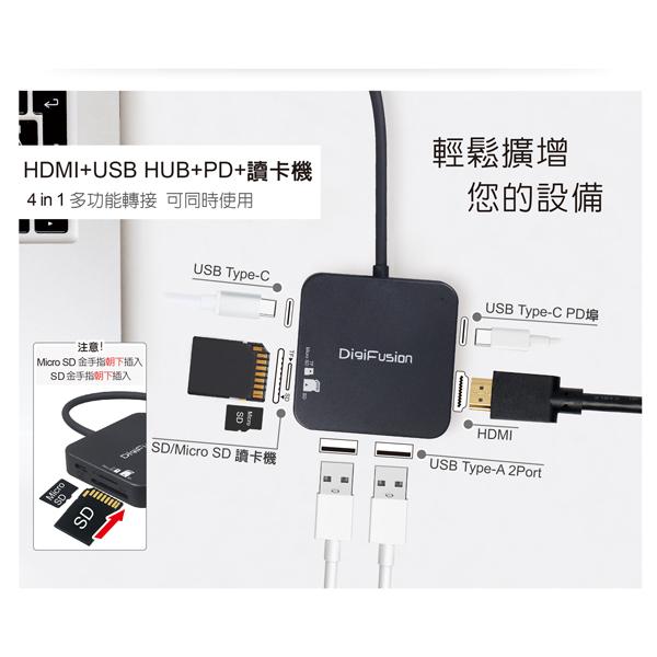 DigiFusion 伽利略 CUHR2C 4in1多功能轉接器 Type-C/HDMI/讀卡機/PD 快充 光華商場-細節圖4