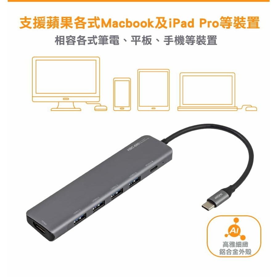 Intopic 廣鼎 HBC-660 六合一 Type-C 多功能集線器(鐵灰) HDMI USB HUB 集線器 光華-細節圖6