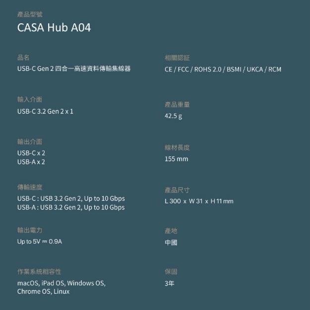 ADAM 亞果元素 Hub A04 USB-C Gen2 四合一高速集線器 HUB HUB-A04GY 光華-細節圖7