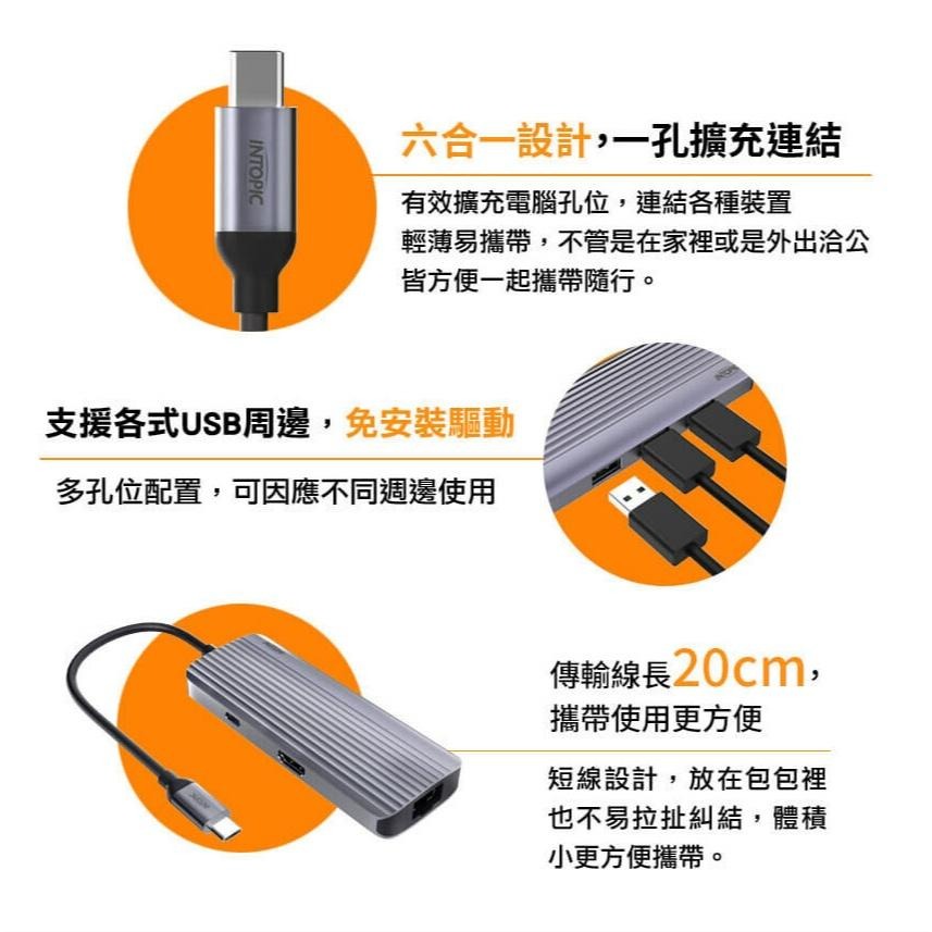Intopic 廣鼎 HBC-760 六合一多功能 Type-C 轉接器 HUB USB-C 集線器 HDMI 光華-細節圖8