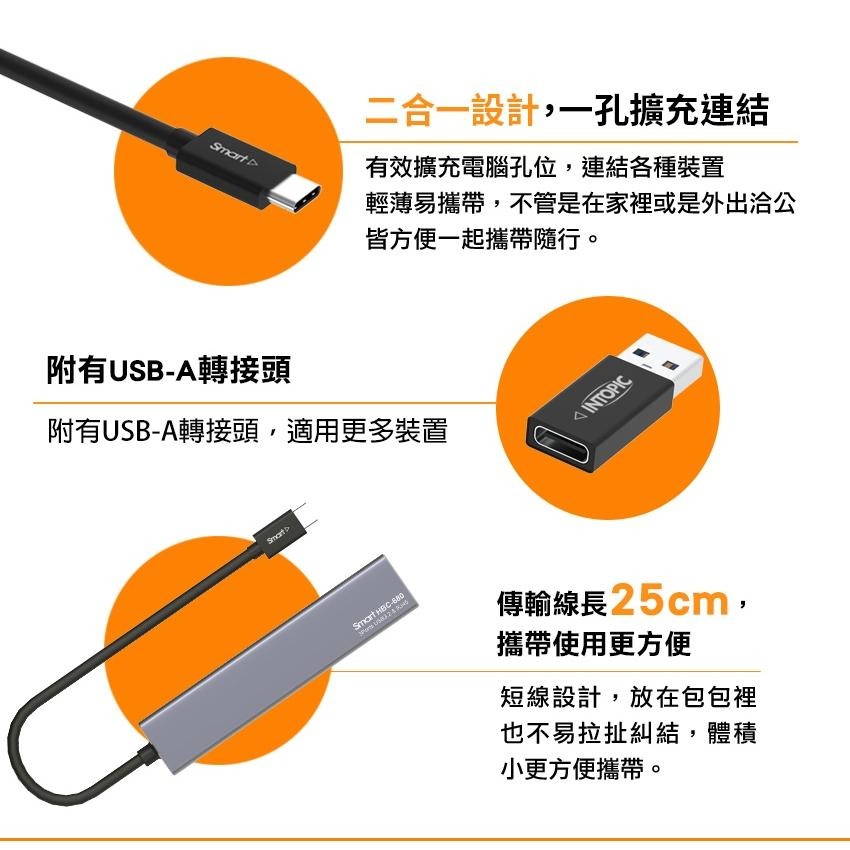 Intopic 廣鼎 HBC-680 USB-C+A 鋁合金集線器 USB-A／RJ45 HUB 集線器 光華-細節圖7