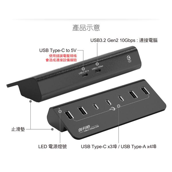 DigiFusion 伽利略 H718AC-BK－USB 7埠 集線器 USB3.2 10Gbps 4A/3C HUB-細節圖6