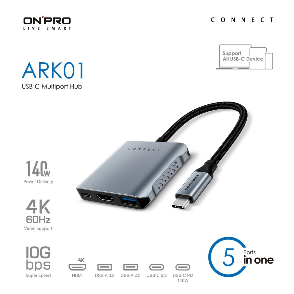 ONPRO ARK01－USB-C HUB 5合1多功能集線器 PD 140W／HDMI 4K HUB 集線器 光華-細節圖3