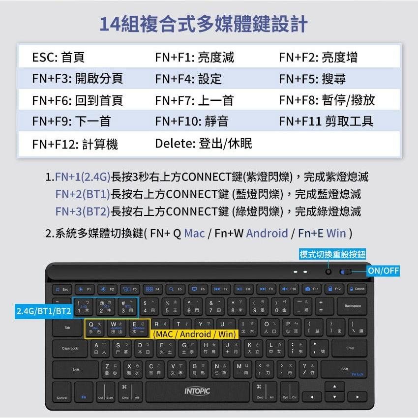 Intopic 廣鼎 KBT-110－2.4G 一對三藍牙剪刀腳鍵盤 剪刀腳 無線鍵盤 藍芽鍵盤 多平台鍵盤 光華-細節圖5