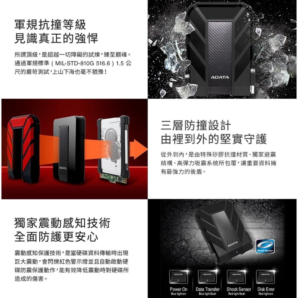 【台灣製造】ADATA 威剛 HD710 PRO 1TB 2TB 4TB 5TB 黑 藍 黃 紅 軍規 2.5吋外接硬碟-細節圖3