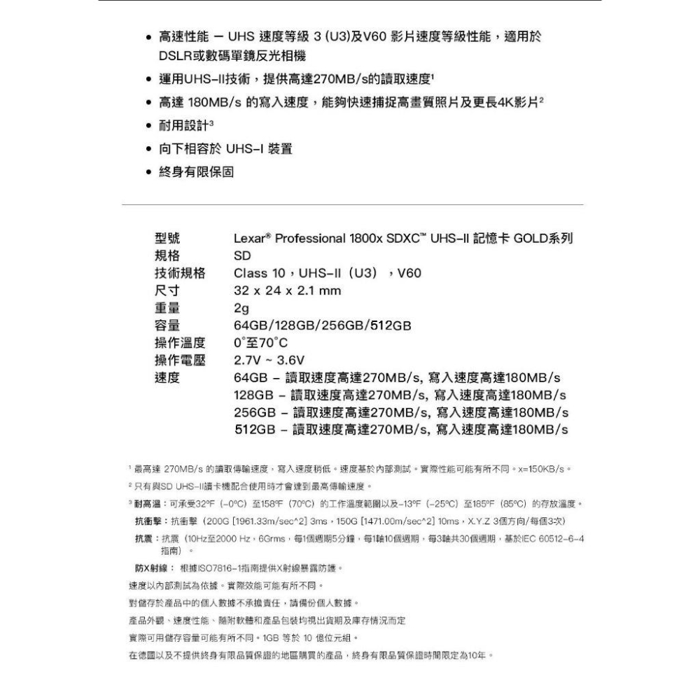 Lexar 雷克沙 Professional 1800x－64G／128G SDXC UHS-II 記憶卡 SD卡 光華-細節圖8