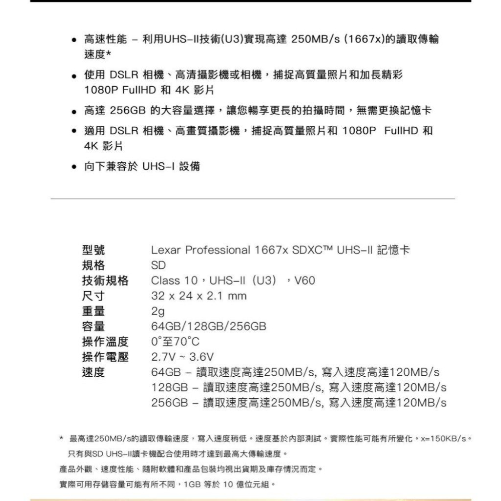 Lexar 雷克沙 Professional 1667x－64G／128G／256G SDXC UHS-II 記憶卡-細節圖8
