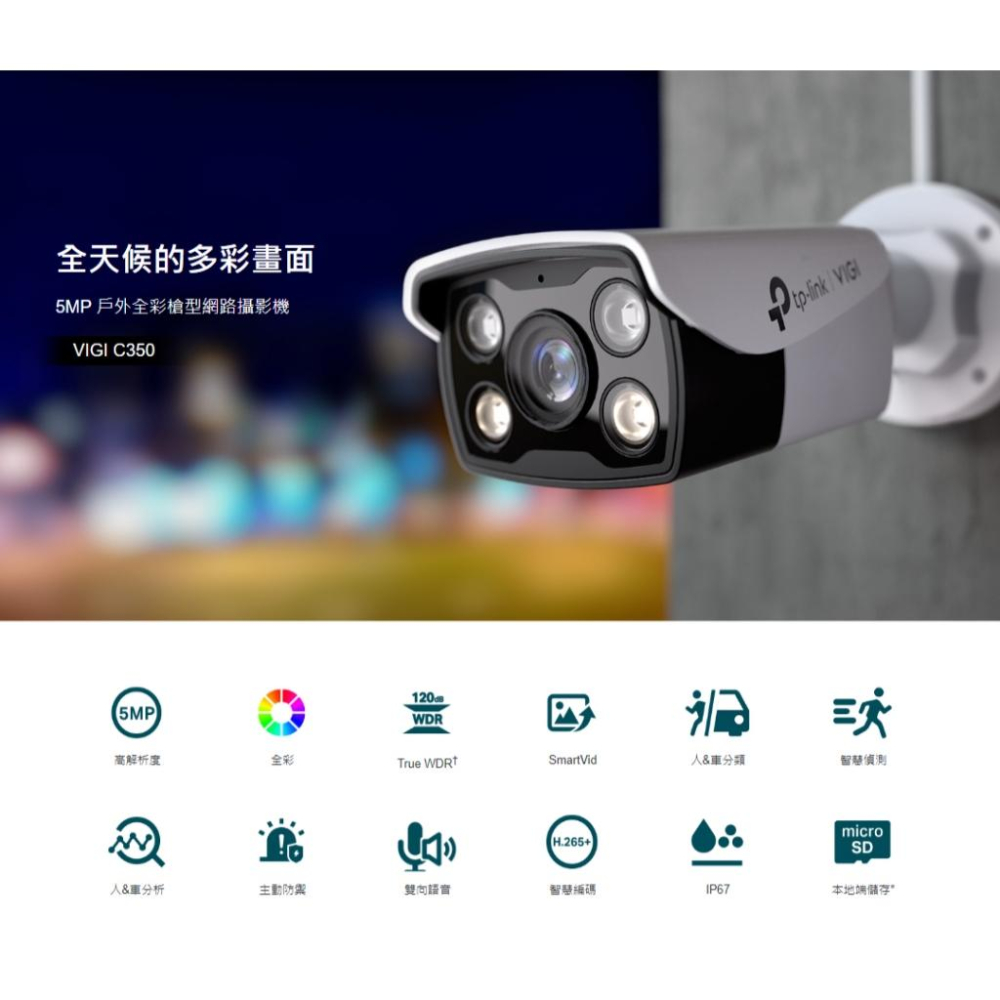 TP-LINK VIGI C350 5MP 戶外全彩槍型監視器 商用 監控攝影機 攝影機 戶外 防水防塵 光華商場-細節圖3