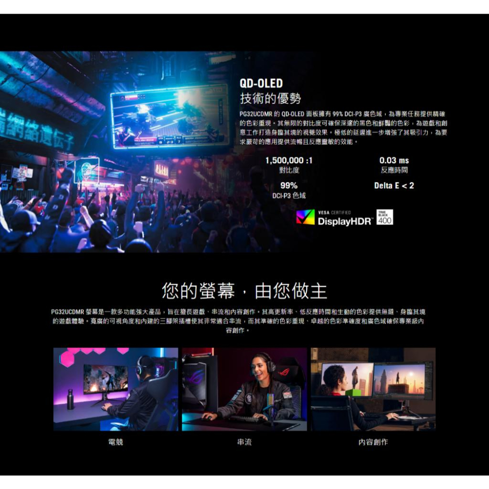 ASUS 華碩 ROG PG32UCDMR 32吋 4K 電競螢幕 QD-OLED／240Hz／HDR400 光華商場-細節圖7