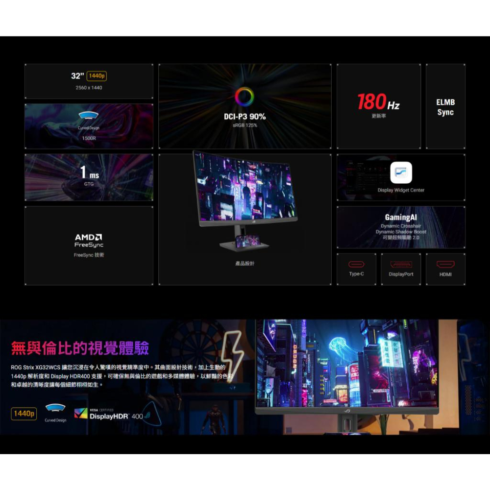 ASUS 華碩 ROG XG32WCS 32吋 2K 曲面電競螢幕 180Hz／VA／1ms／USB-C 光華商場-細節圖4