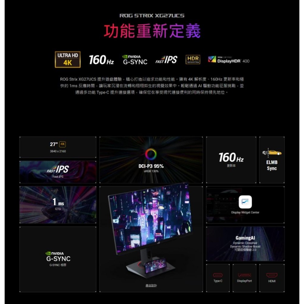 【免運直送】ASUS 華碩 ROG Strix XG27UCS 27吋 4K 160Hz/IPS/1ms 電競螢幕 光華-細節圖4