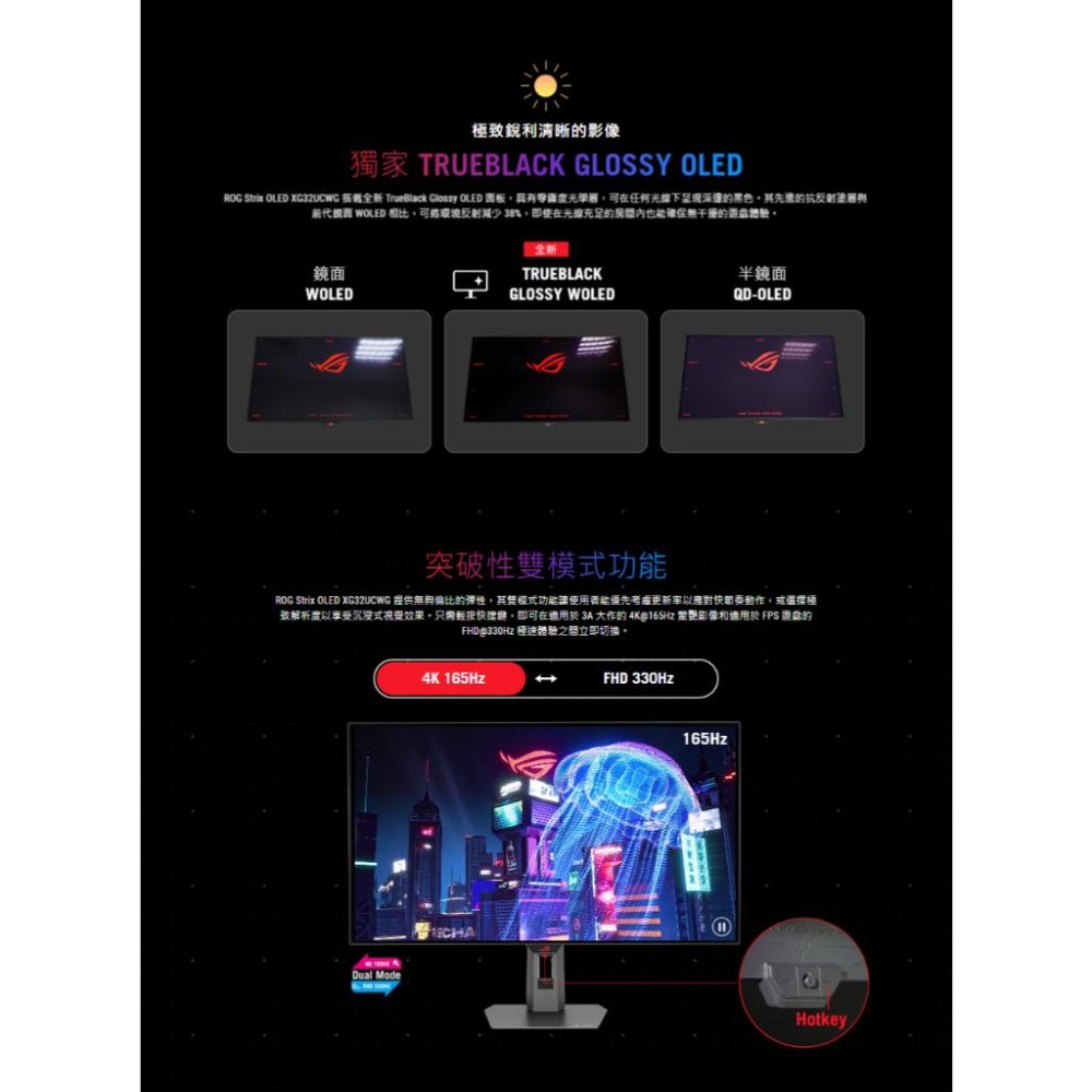 ASUS 華碩 ROG XG32UCWG 32吋 4K 電競螢幕 165Hz／OLED／FHD@330Hz模式-細節圖4
