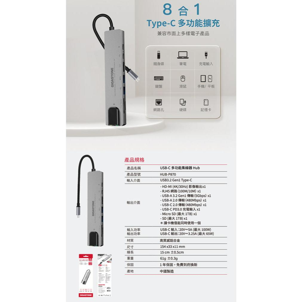 GIGASTONE 立達 HUB-P870－USB-C 八合一多功能集線器 Type-C HUB 集線器 光華商場-細節圖7
