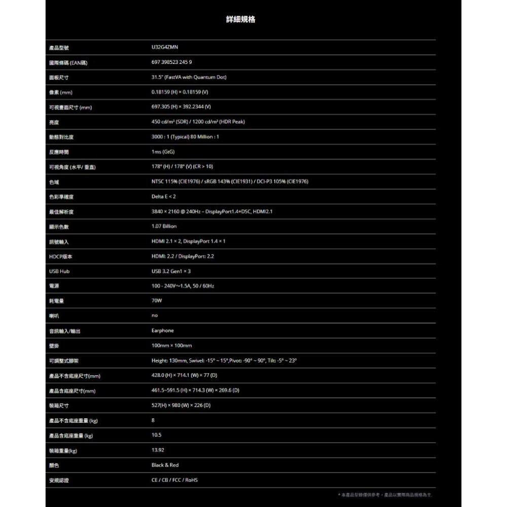 AOC U32G4ZMN 32吋 4K 電競螢幕 240Hz／VA／Mini-LED／HDR1000 光華-細節圖8