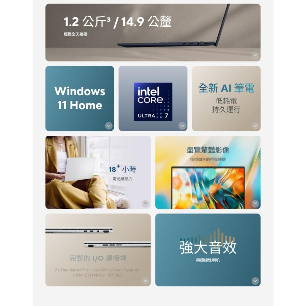 ASUS 華碩 Zenbook 14 (UX3405) UX3405CA 14吋 輕薄筆電 U7-255H／16G 光華-細節圖4