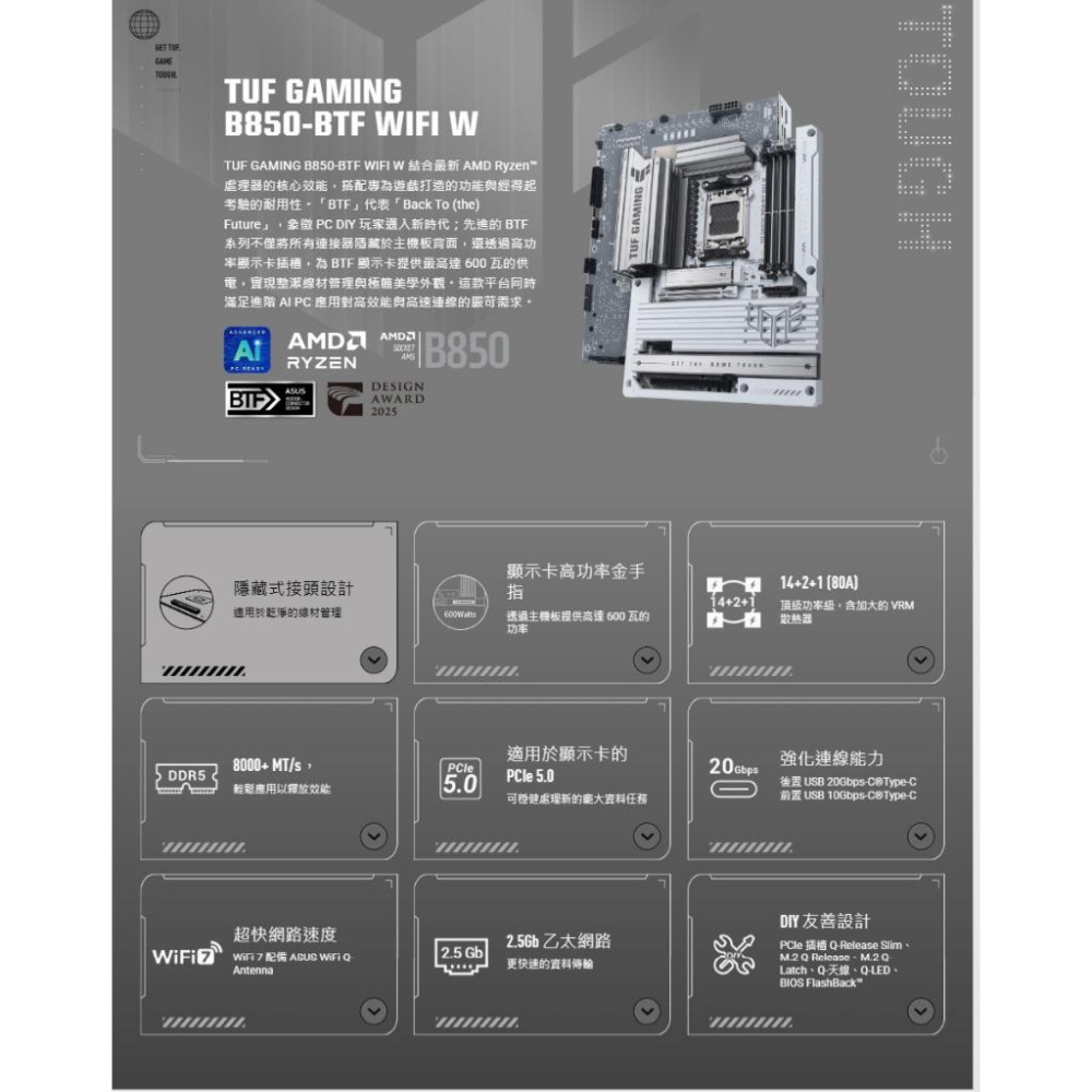 ASUS 華碩 TUF GAMING B850-BTF WIFI W－ATX 主機板 AM5／DDR5 公司貨-細節圖3
