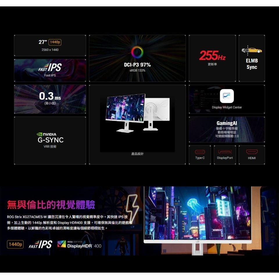ASUS 華碩 ROG XG27ACMES-W 27吋 2K 電競螢幕 255Hz／IPS／0.3ms／USB-C 光華-細節圖4