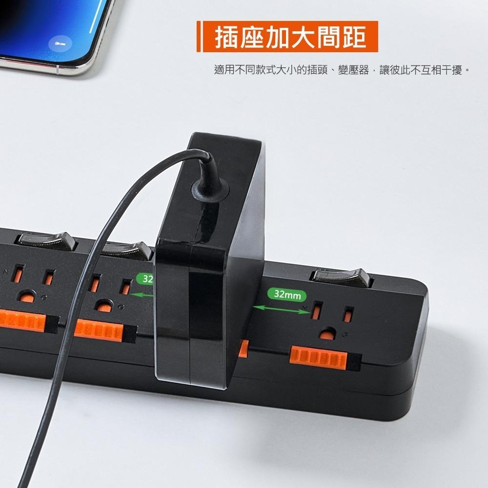 PowerSync 群加 TR76D9 7開6插防雷防塵大間距延長線 白色/黑色 1.8m/2.7m/45m 光華商場-細節圖6