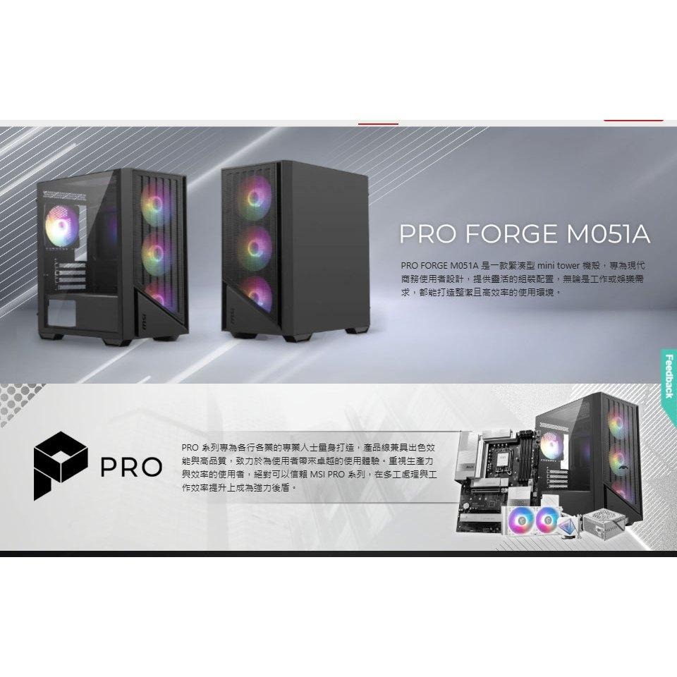MSI 微星 PRO FORGE M051A M-ATX 電腦機殼 U高160 卡長300 4x預裝風扇 公司貨 光華-細節圖3